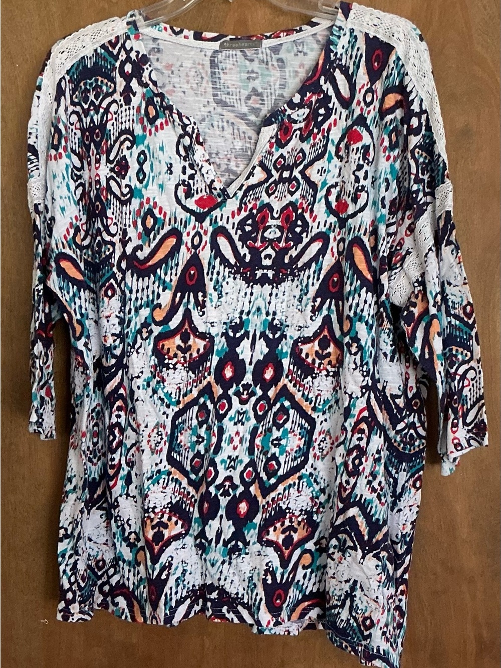 Three Hearts Womens Blouse Boho Paisley Lace Trim V-Neck 3/4 Sleeve Knit Top XL